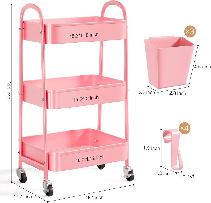 3 Tier Metal Rolling Cart with Lockable Wheels and Handle, Three Tiered Pink - Image 9