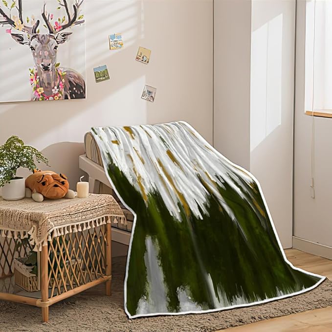 Abstract Ombre Throw Blankets, Modren Chic Art Oil Painting Cozy Warm Bed Couch Blanket, Sage Green Gold White Fleece Flannel Throws to Decorate The Room and Bedroom