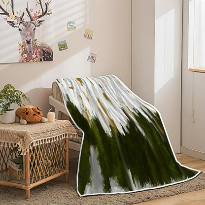 Abstract Ombre Throw Blankets, Modren Chic Art Oil Painting Cozy Warm Bed Couch Blanket, Sage Green Gold White Fleece Flannel Throws to Decorate The Room and Bedroom