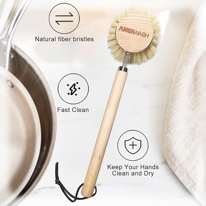 Dish Brush with Wooden Handle, Natural Kitchen Brush - Image 4