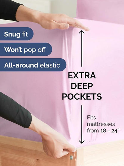 Extra Deep Queen Fitted Sheet - Hotel Luxury Single Fitted Sheet Only - Easily Fits 18 inch to 24 inch Mattress - Ultra Soft, Wrinkle & Fade Free w/Extra Deep Pocket - Breathable & Comfy - Light Pink