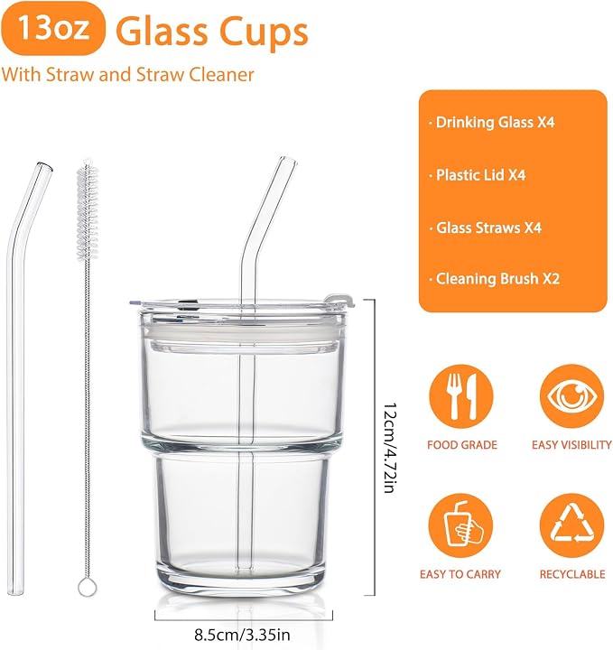 13oz Glass Tumbler with Lid and Glass Straw Set of 4 – Thick-Walled Iced Coffee - Image 2