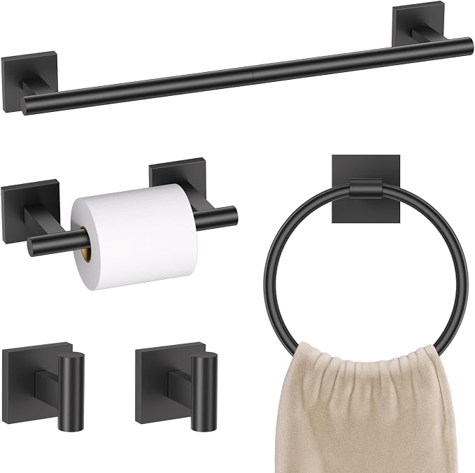 Matte Black Bathroom Hardware Accessories Towel Bar Set 5 Pieces Double Dase by SOAEZ