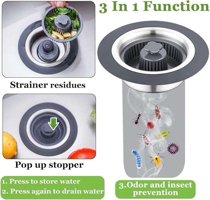 3 in 1 Kitchen Sink Drain Strainer and Stopper Combo, Stainless Steel Pop Up - Image 2