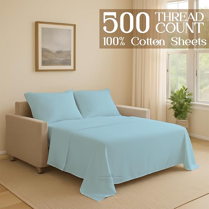 Sleeper Sofa 4 Piece Bed Sheet Set Premium Quality 100% Cotton 500 Thread Count, Smooth & Super Soft Sateen Weave, Extra Soft Bed Sheets, Wrinkle Free, 4 Inch Deep Pocket (Queen, Light Blue)