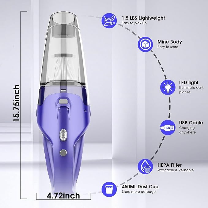 Handheld Vacuum Cordless Rechargeable – 6000Pa Mini Hand Held Vacuum, LED Light - Image 3