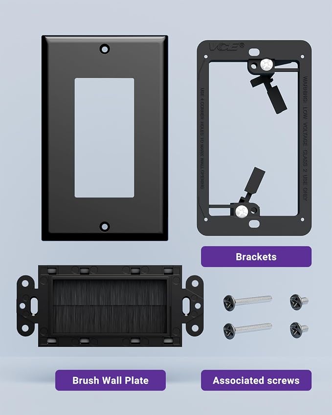 VCE Brush Wall Plate with Bracket, Cable Pass Through Insert Single Gang - Image 6