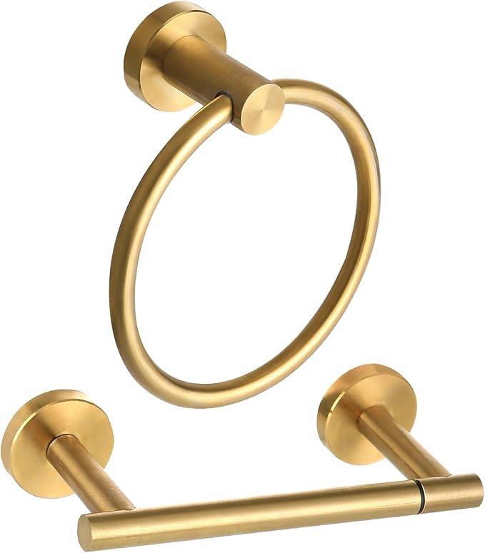 Brushed Gold Toilet Paper Holder Set, Stainless Steel Towel Ring, Double Post by Ntipox