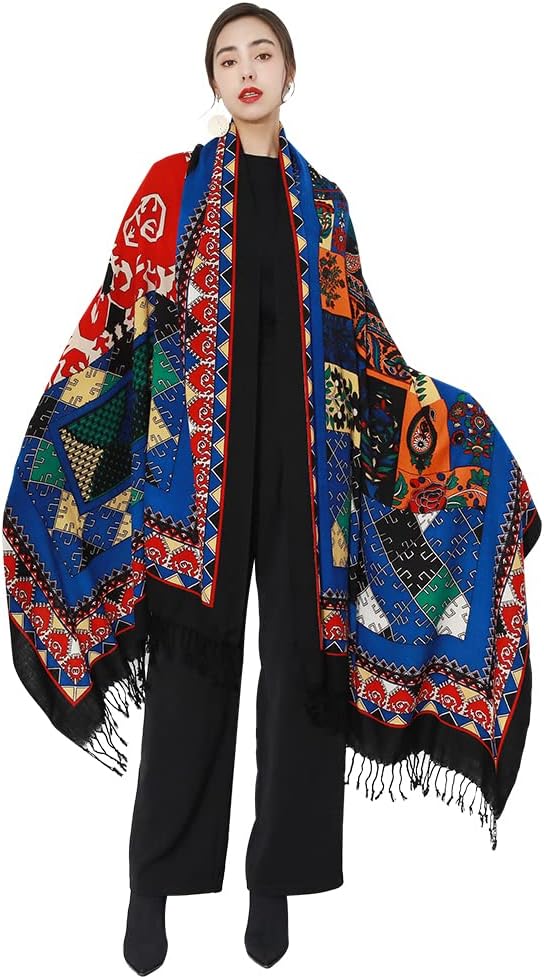DANA XU 100% Merino Wool Pashmina Shawl for Women 96"x43", Oversized Cashmere Wrap with Tassels, Floral Travel Blanket Cape
