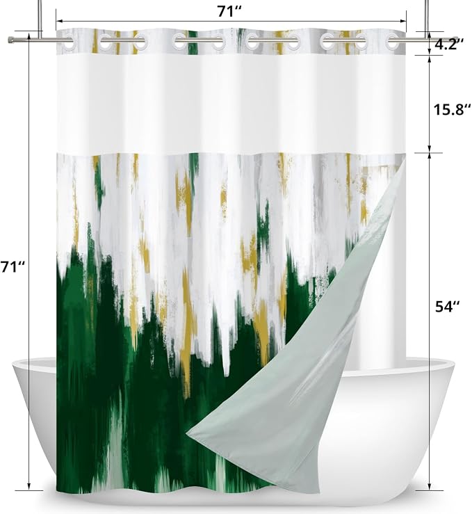 No Hook Shower Curtain with Snap in Liner, Hotel Style Dark Green White Gold - Image 6