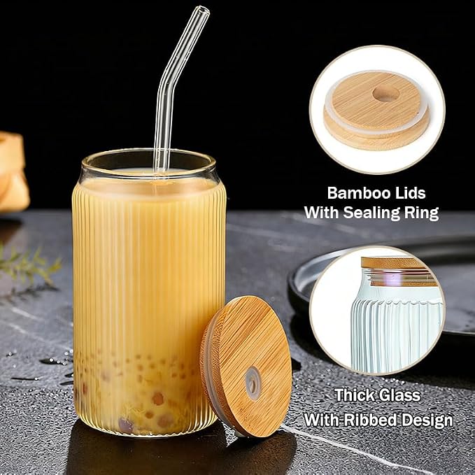 2 PCS Glass cups with Lids and Straws, 16 OZ Iced Coffee Cups, Ribbed Glass - Image 3