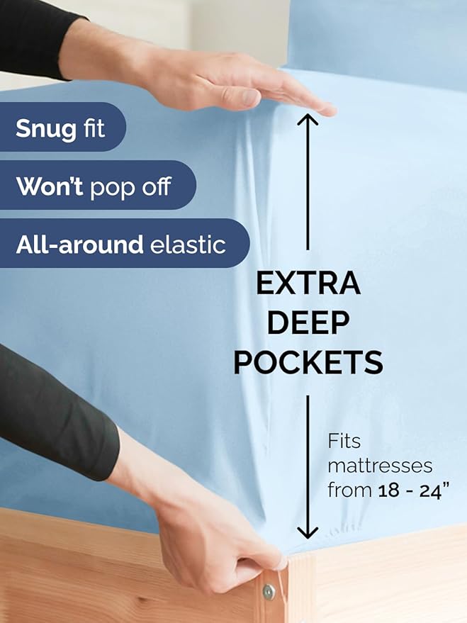 Extra Deep Pocket Queen Sheet Set - 4 Piece Breathable & Cooling Bed Sheets - Hotel Luxury Sheet Set - Soft, Wrinkle Free & Comfy - Easily Fits Extra Deep Mattresses - Deep Pocket Light Blue Sheets