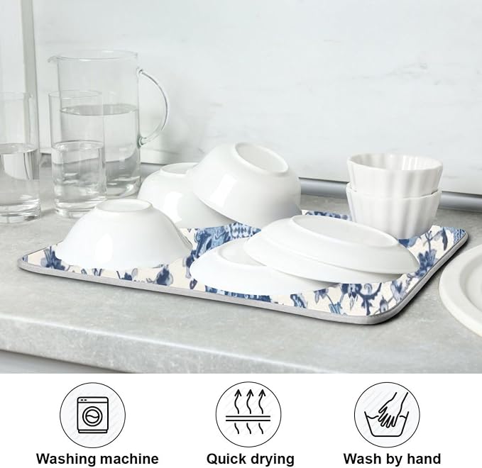Dish Drying Mat Kitchen Counter Absorbent Blue and White Pattern Coffee Sink - Image 7