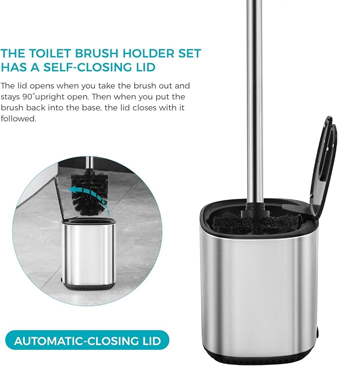 Toilet Brush and Holder Set Toilet Bowl Brush Stainless Steel Automatic Open - Image 2