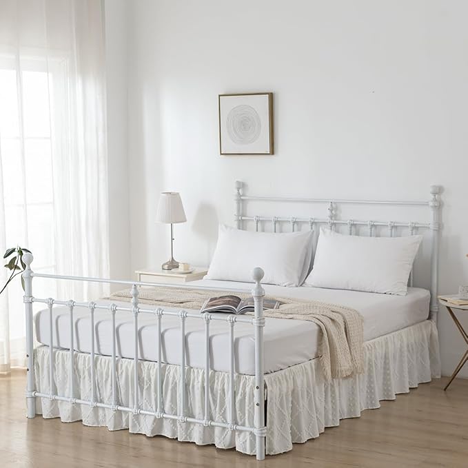 Bed Skirt Queen Size Ruffled Bed Skirt with Split Corners, 14 Inch Drop Dust Ruffle Bed Skirts with Platform, Boho Tufted Shabby Chic Queen Size Bed Skirts, Ivory