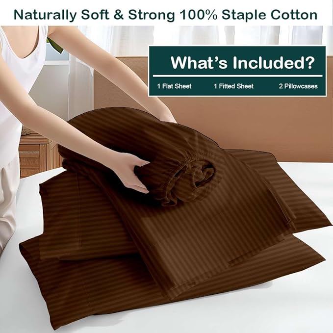 NON Sticky cotton Twin Size Sleeper Sofa Sheets, 4 Piece Egyptian Cotton Bed Sheet Set for Sofa Bed, 7" Deep Pocket for Pull Out Couch Mattress, 39" x 75", Chocolate Stripe, Soft & Breathable