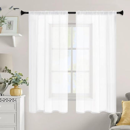 White Sheer Curtains 54 Inches Long 2 Panels, Rod Pocket Short Curtain for Kitchen, Bedroom, Cafe Window(White 38" W x 54" L)