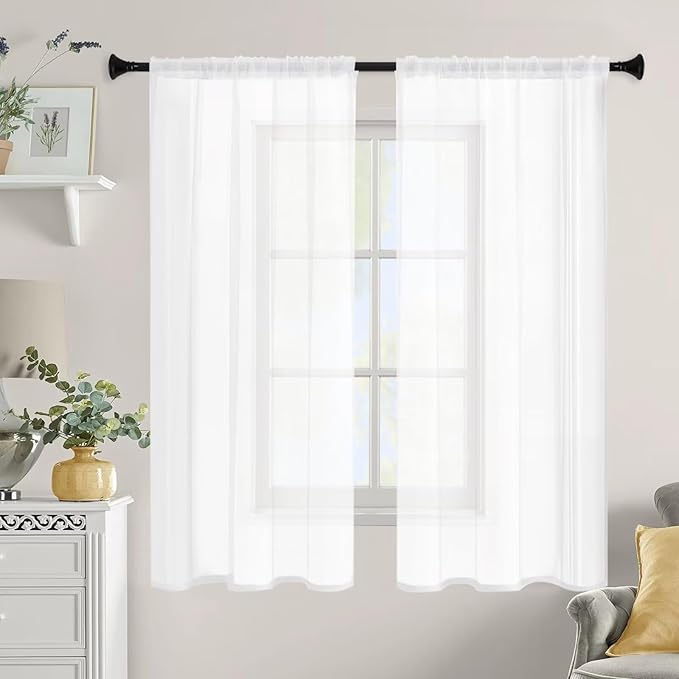 White Sheer Curtains 45 Inches Long 2 Panels, Rod Pocket Short Curtain for Kitchen, Bedroom, Cafe Window(White 38" W x 45" L)