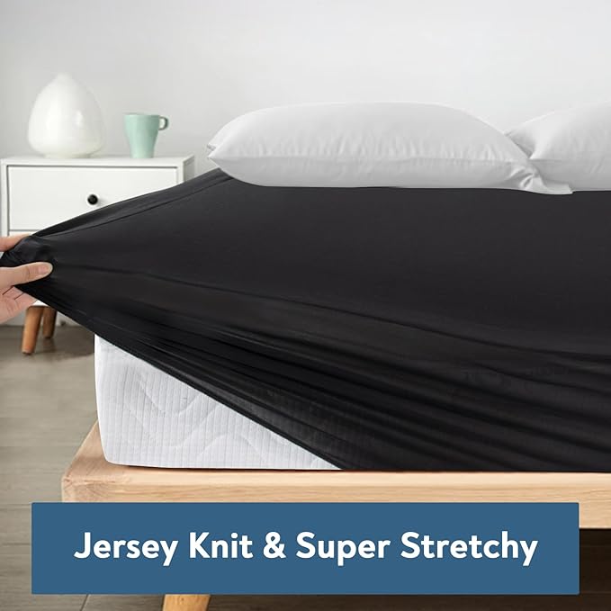 Twin XL Fitted Sheet, Soft & Cozy Twin XL Bed Sheets for College Dorm Room Essentials with Deep Pocket 14", Cooling Jersey Extra Long Twin Mattress Bottom Sheets, Shrinkage & Stain Resistant, Black