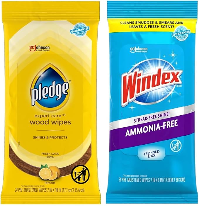 Pledge Expert Care Wood Wipes & Windex Ammonia-Free Glass Cleaning Wipes Bundle by Pledge