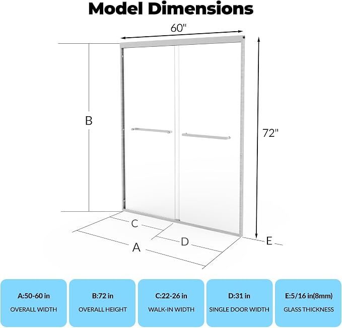 56"-60" w x 72" H Double Sliding Shower Door, Semi-Frameless Bypass Bathroom - Image 3