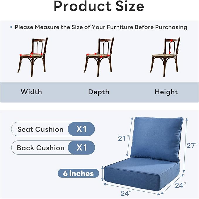 6 inches Thicker Outdoor Chair Cushions Set- 24" *24" *6" Waterproof Patio Furniture Cushions with Removable Cover, 28D High Density Sponge Filling Thicken Outdoor Patio Cushions - Blue