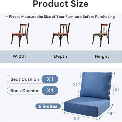 6 inches Thicker Outdoor Chair Cushions Set- 24" *24" *6" Waterproof Patio Furniture Cushions with Removable Cover, 28D High Density Sponge Filling Thicken Outdoor Patio Cushions - Blue