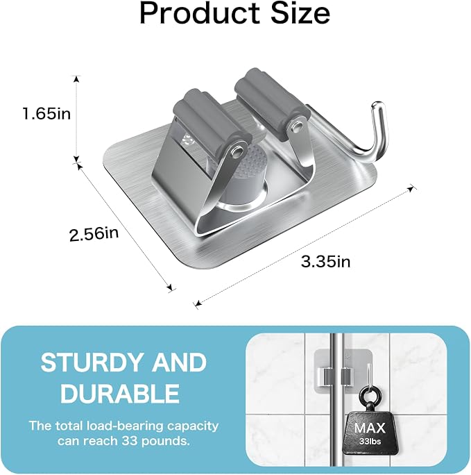 nacena Broom Holder Wall Mount, 4 Packs Silver Stainless Steel Mop and Broom - Image 2
