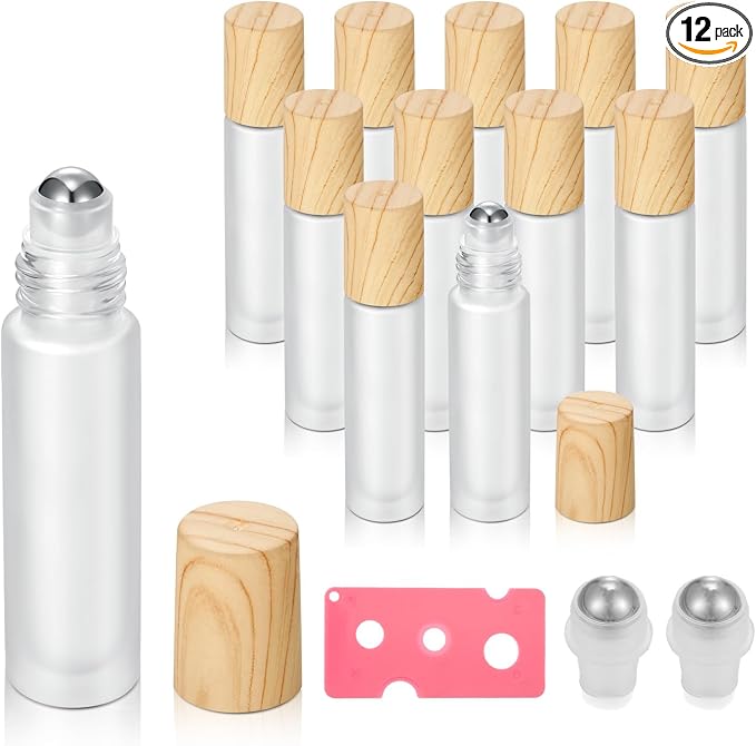 12 Pack Essential Oil Roller Bottles, 10ml Empty Frosted Glass Roller Bottles by Jxcmeng