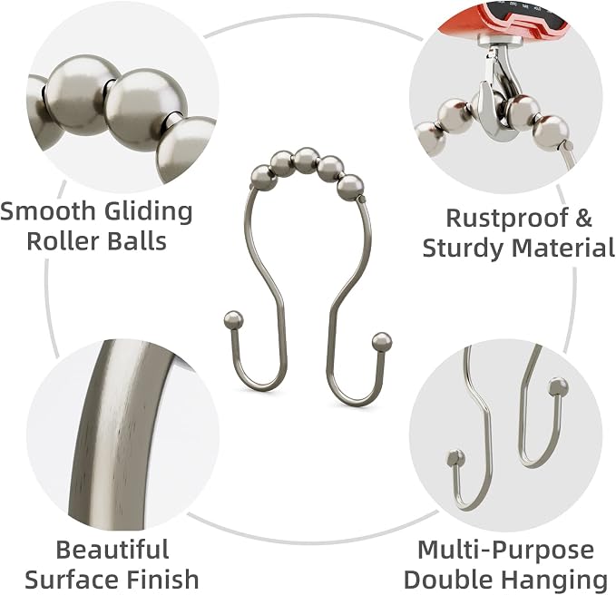 Shower Curtain Hooks Brushed Nickel Shower Curtain Rings Rust Proof, Bathway - Image 2