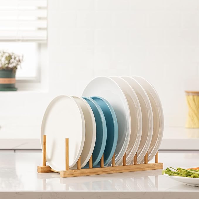 HBlife Bamboo Dish Plate Bowl Cup Book Pot Lid Cutting Board Drying Rack Stand - Image 4