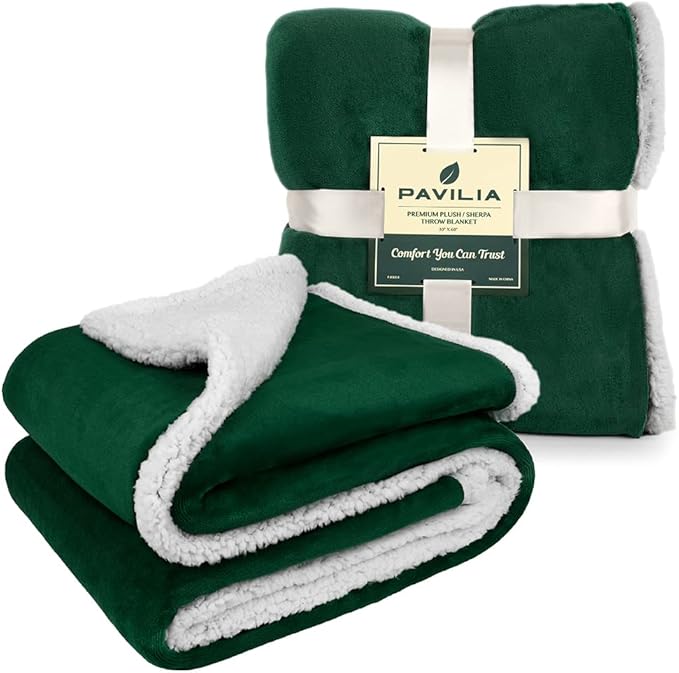 PAVILIA Sherpa Fleece Throw Blanket for Couch, Emerald Green, Plush Soft Fuzzy Sofa Blanket, Cozy Reversible Winter Throw for Women Men, 50x60 Inches
