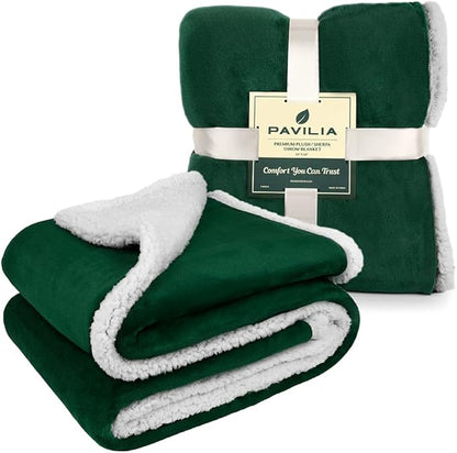 PAVILIA Sherpa Fleece Throw Blanket for Couch, Emerald Green, Plush Soft Fuzzy Sofa Blanket, Cozy Reversible Winter Throw for Women Men, 50x60 Inches