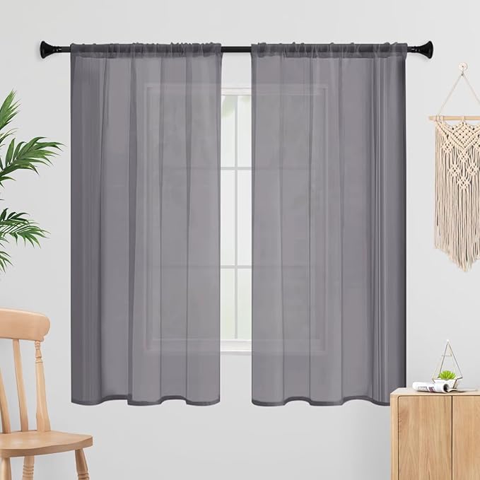 Sheer Curtains 54 Inches Long 2 Panels, Rod Pocket Short Curtain for Kitchen, Bedroom, Cafe Window(Grey 38" W x 54" L)