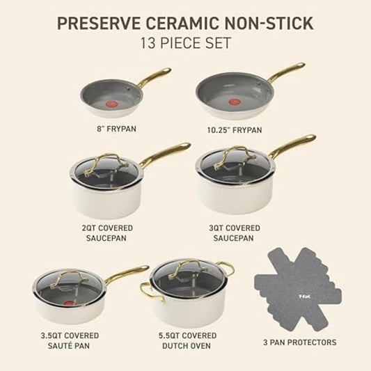 T-fal Preserve Ceramic, Non stick Cookware Set 13-Piece, Oven & Broiler Safe up - Image 2