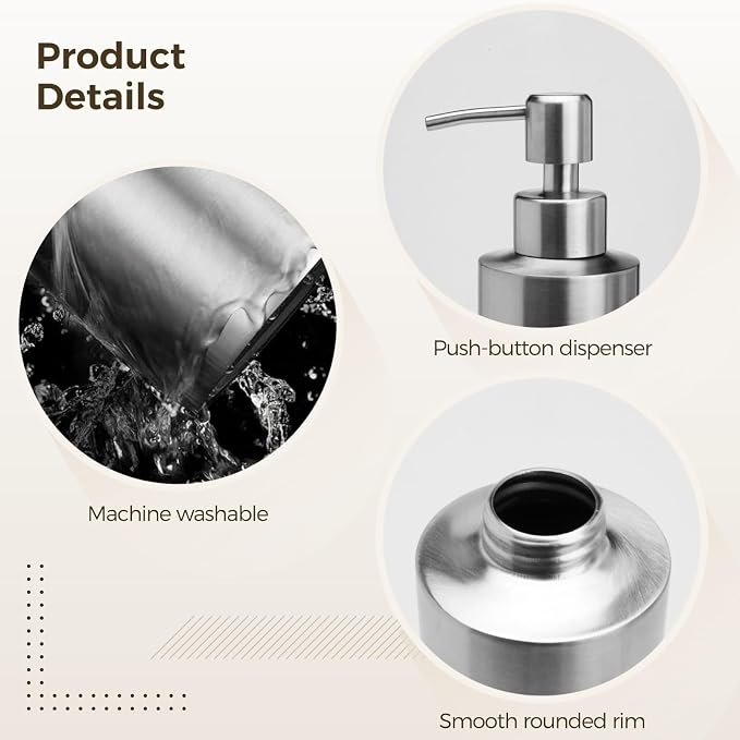 2 Pcs Large 304 Stainless Steel Soap Dispensers, 18.6 fl oz/550 ml Refillable - Image 3