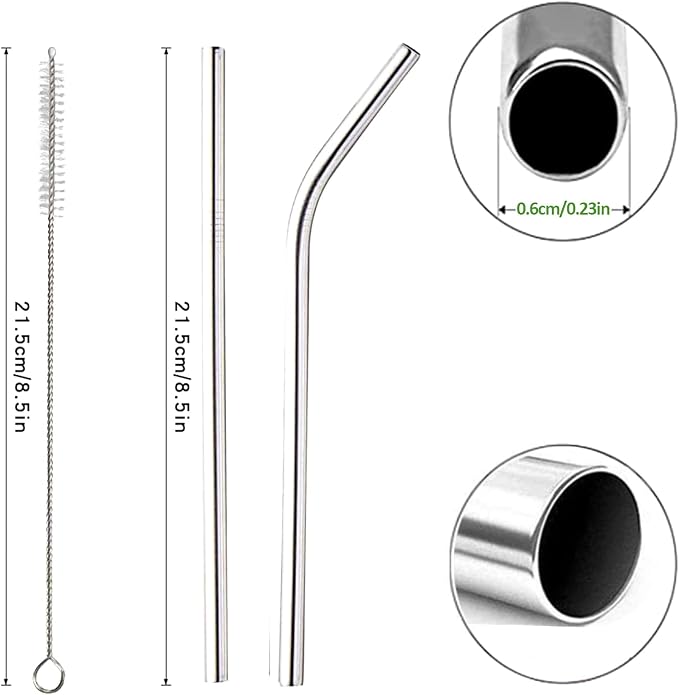 16 Pack of Reusable Stainless Steel Metal Straws, 8 Straight + 8 Bent 8.5 inch - Image 2
