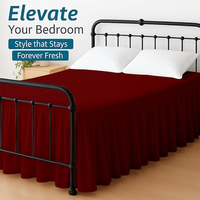 Shreem Linen Ruffled Bed Skirt with Split Corners, Gathered Style, 100% Microfiber, 30-Inch Drop, Dust Ruffle Bedskirt with Platform, King, Burgundy