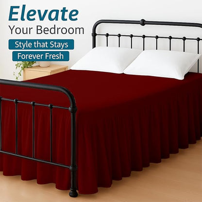 Shreem Linen Ruffled Bed Skirt with Split Corners, Gathered Style, 100% Microfiber, 28-Inch Drop, Dust Ruffle Bedskirt with Platform, Full-XXL, Burgundy