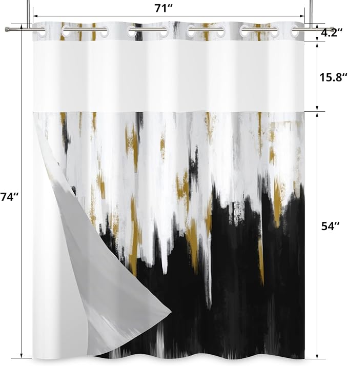 No Hook Shower Curtain with Snap in Liner, Hotel Style Black White Gold Brush - Image 6