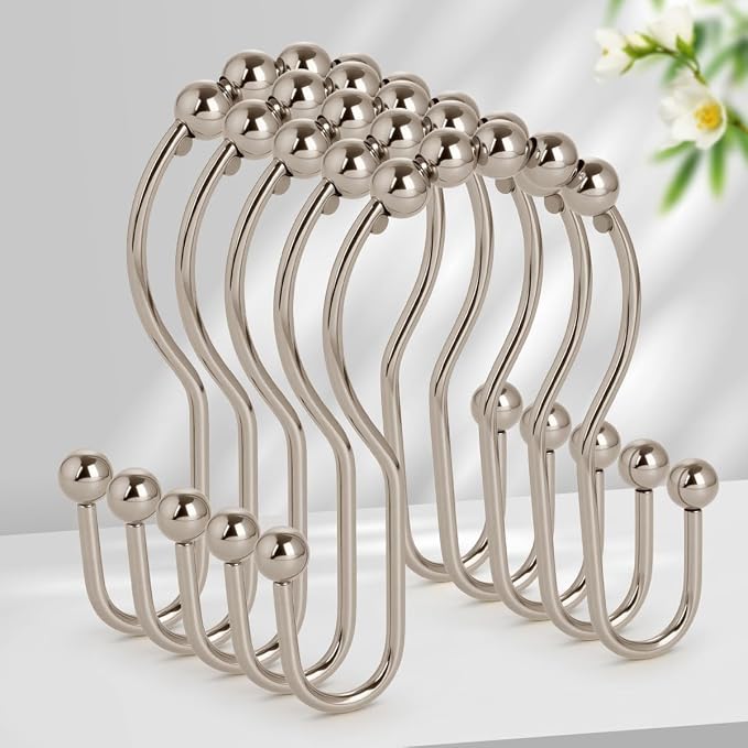 Double Shower Curtain Hooks, Sturdy Metal Nickel Shower Curtain Rings, Glide by Resze