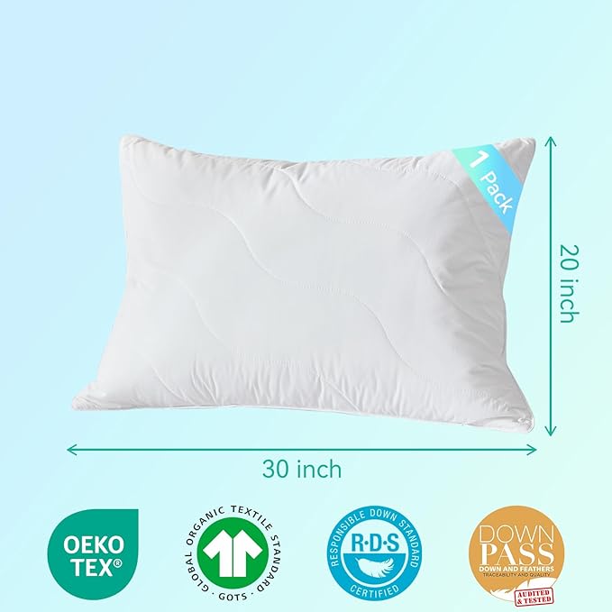 Three Geese White Goose Feather Down Pillows Queen Size Set of 1-100% Cotton, Medium Firm,Soft Support