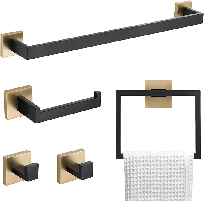 TNOMS 5 Pieces Bathroom Hardware Accessories Set Black and Gold Towel Bar Set by TNOMS