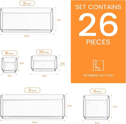 Criusia Drawer Organizer, 26 Pack Clear Plastic Drawer Organizer Bins, - Image 2