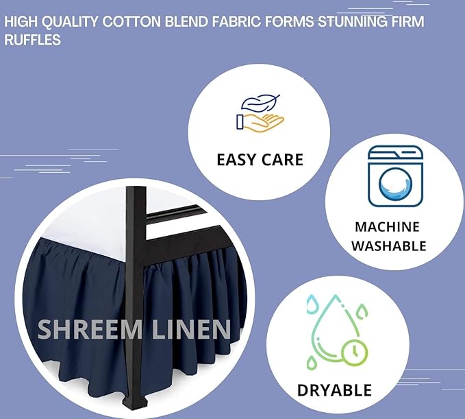 Shreem Linen Ruffled Bed Skirt with Split Corners, Gathered Style, 100% Microfiber, 15-Inch Drop, Dust Ruffle Bedskirt with Platform, Full-XL, Navy Blue