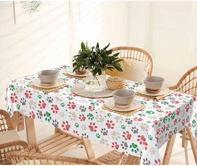 Paw Prints Table Cloth 52x70 Doodle Dog Cat Red Green Footprint Rectangular - Image 7