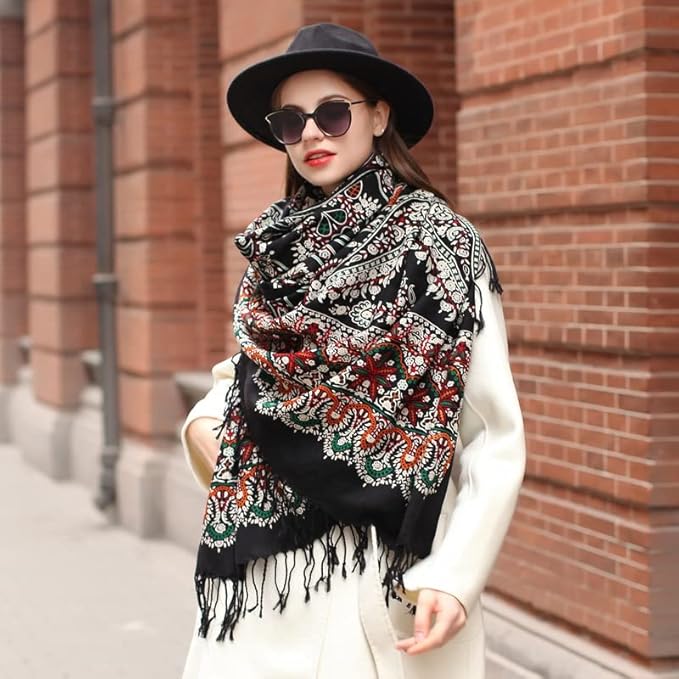 DANA XU 100% Merino Wool Extra Large Pashmina Blanket Travel Scarf Cashmere Wrap for Women Fall Winter Oversize Shawl Floral