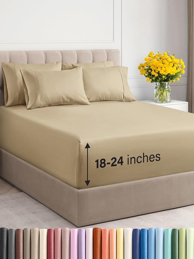 Extra Deep Queen Sheet Set - 6 Piece Breathable and Cooling Sheets - Hotel Luxury Bed Sheets Set - Easy & Secure Fit - Soft, Wrinkle Free and Comfy Sheets Set - Beige Sheet Set with Extra Deep Pockets