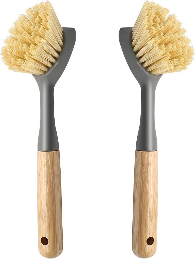 2 Pcs Kitchen Scrub Brush with Bamboo Handle, Dishwashing Brush Built-in Scraper by Jiozermi