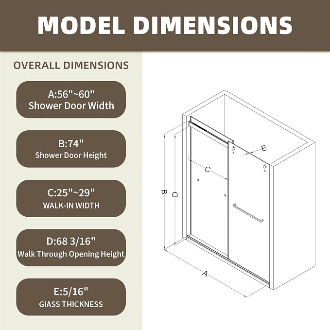 Frameless Shower Door, 56-60" W x 74" H Double Sliding Shower Doors - Image 4